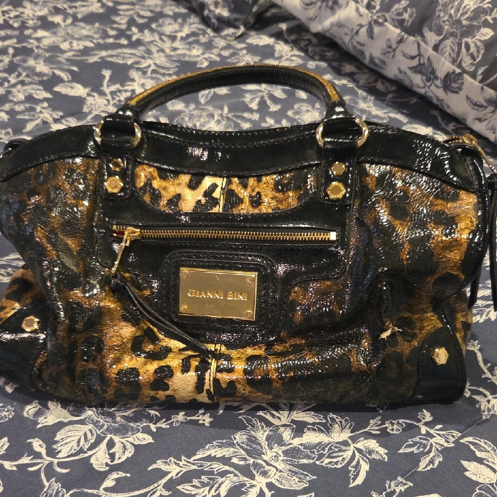 Gianni Bini Black & Gold Leopard Patent Satchel
